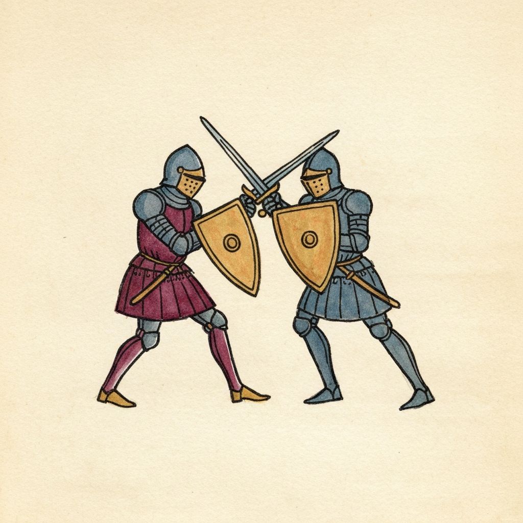 Marginalia illustration of two knights engaged in a sword duel